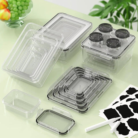 36 Piece Plastic Food Storage Containers With Lids For Pantry And Kitchen Organization A Must Have BPA Free Leak Proof Reusable Set displayed on countertop with labels and marker
