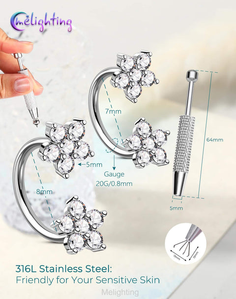 Flower Push Pin 20G Horseshoe Nose Ring Hoop All In One Piercing Set With Taper Ball Grabber Tool 316L Surgical Steel jewelry