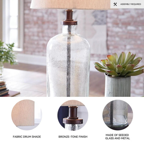 Modern Farmhouse Seeded Glass Table Lamp in Bronze Finish, 22.5 Inch Tall, close-up of seeded glass base and bronze-tone finish