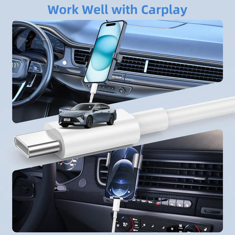 USB-C car charging cables, 2-pack (3ft & 6ft), white, for iPhone 15/16/17 CarPlay, shown in car