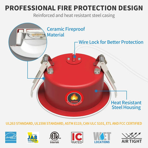 24 Pack 6 Inch Fire Rated LED Recessed Downlights 2 Hour Protection showing heat resistant steel casing and ceramic fireproof material.