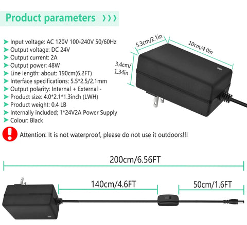 24V 2A LED Strip Power Supply With On Off Switch For Easy Control, 100-240V AC To Direct Current Converter, 5.5mm X 2.5mm Plug And Play Ready, 6.2ft Cable, Safe Durable Build, Ideal For Home Theater Accent Lighting And DIY LED Projects. Black AC adapter shown with dimensions and cable