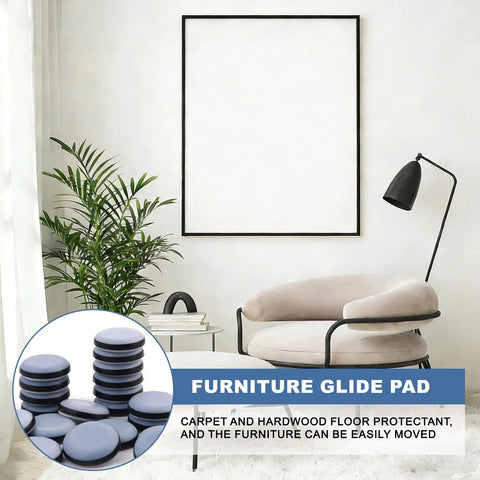 Heavy Duty Furniture Sliders Self Stick Chair Leg Pads Make Large Items Slide Like Butter Across Carpet Or Hardwood Scratch Proof Moving Essentials 24 Pack Grey in a modern living room setting.