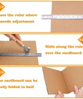 Pro Grade Dual Size Box Resizer Tool Set With 0.5mm And 1.2mm CAMs showing scoring process on cardboard using a metal ruler.