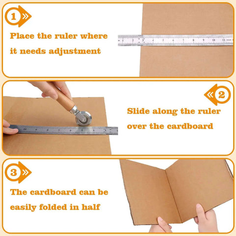 Pro Grade Dual Size Box Resizer Tool Set With 0.5mm And 1.2mm CAMs showing scoring process on cardboard using a metal ruler.