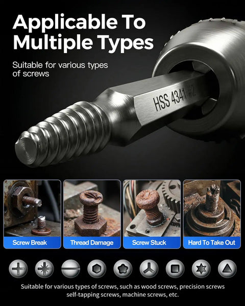 Close-up of a damaged screw extractor set for stripped screws and bolts, showing detail and various applications in a garage.