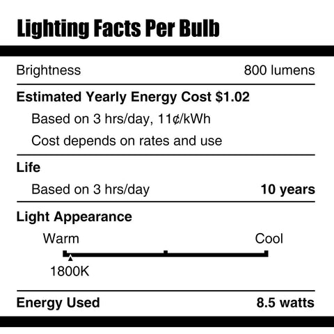 Lighting facts label for Amber A19 Light Bulbs 9W 60W Equivalent Blue Light Blocking Soft Warm Glow 1800K Night Light Dim Energy Efficient