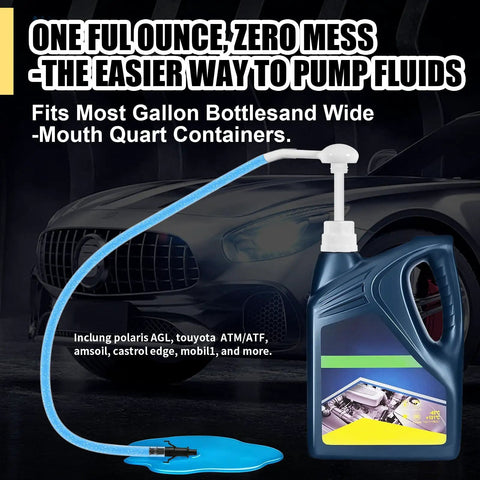 Handy 30cc Fluid Pump For Gallon Bottles With 4 Cap Adapters and car in background