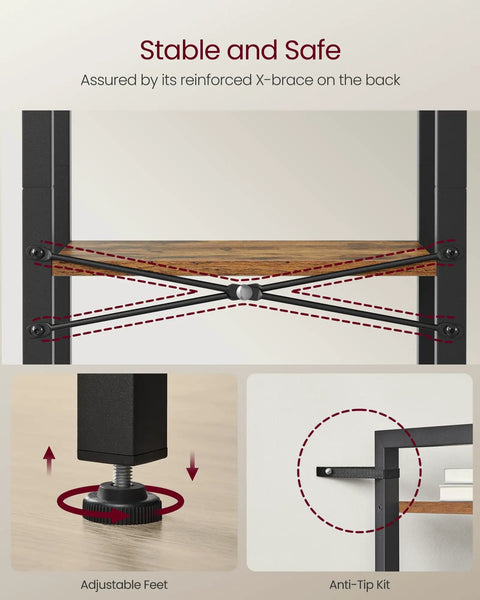 Reinforced X-brace and adjustable feet of Narrow Three Tier Bookshelf For Tiny Spots, Heavy Duty Steel Rack In Rustic Brown And Matte Black.