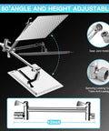 8 Inch High Pressure Rainfall Shower Head With 11 Inch Adjustable Extension Arm showing 180° adjustable angle feature