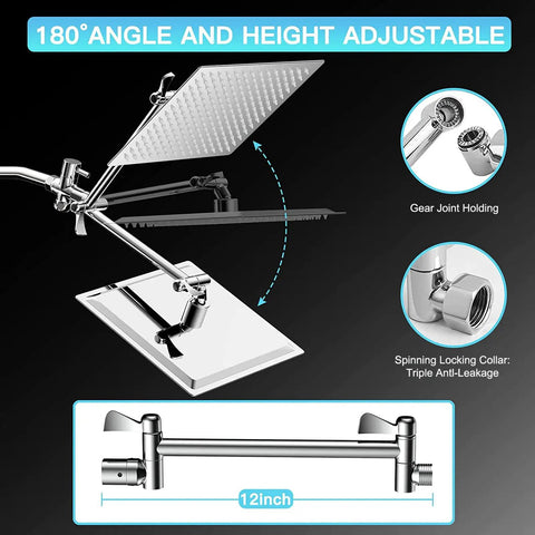8 Inch High Pressure Rainfall Shower Head With 11 Inch Adjustable Extension Arm showing 180° adjustable angle feature