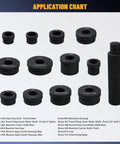 Thirteen-piece Pro Transmission Bushing Driver Kit For GM 700R4 4L60 4L60E 4L65E Transmissions with knurled handle and labeled parts