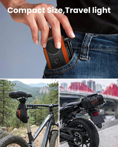 20 Second Fast Inflate Mini Bike Pump With Gauge 150 PSI Portable Electric Bicycle Air Pump in pocket, on bike, and motorcycle