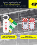 Safety Equipment Inspection Notice for Hazard and Accident Prevention Tags displayed on scaffold with BearTOOLS and BearLOTO kits