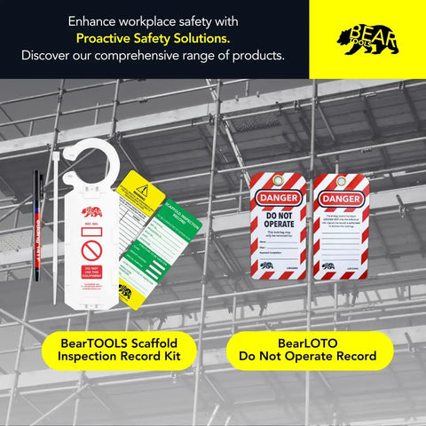 Safety Equipment Inspection Notice for Hazard and Accident Prevention Tags displayed on scaffold with BearTOOLS and BearLOTO kits