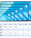 Image displaying sizes of 55 Inch to 110 Inch 4K UHD Interactive Touch Monitors with black bezels and blue backgrounds.
