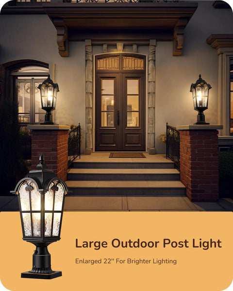 Large Size Dusk To Dawn Outdoor Post Light With Photocell Sensor, 21.9 Inch Tall Hardwired Pole Lamp For Yard Driveway Fence