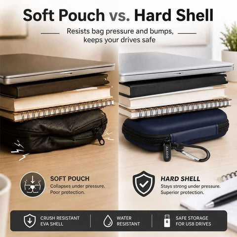 Slick Hard Shell Organizer Case For Eight Usb Flash Drives Sd Card Slots Dope Portable Tech Caddy shown beside a soft pouch.