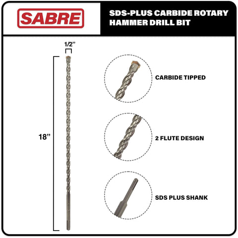Sabre Tools SDS-Plus rotary hammer drill bit, 1/2 in diameter x 18 in length, carbide tipped