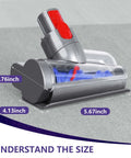 Mini Motorized Vacuum Brush Head For Dyson V7 V8 V10 V11 V15 Cordless Cleaners, size dimensions, easy fit attachment displayed