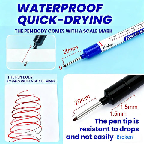 Long Head Deep Hole Marker Pens 5 Pack, 20mm Quick Dry Waterproof Long Nib Permanent Markers with scale mark, blue casing, close-up view
