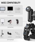 Workhorse Heavy Duty Super Clamp with 3 Inch Dual Ballhead for camera mounting, showcasing compatibility with various devices