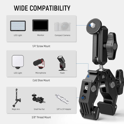 Workhorse Heavy Duty Super Clamp with 3 Inch Dual Ballhead for camera mounting, showcasing compatibility with various devices