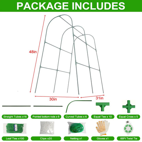 Arch Trellis for Raised Beds and Climbing Veggies package contents including plastic-coated steel tubes, netting, and accessories.
