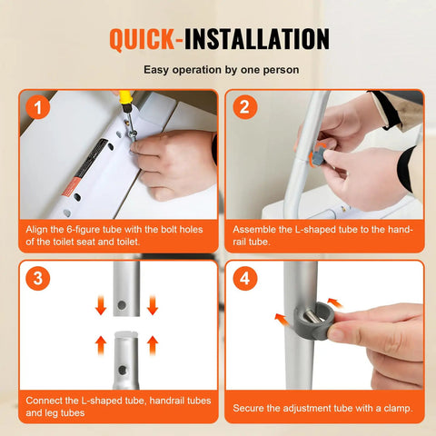 Installation guide for Built Tough Toilet Safety Rail With Padded Armrests, showing steps to assemble the safety frame.