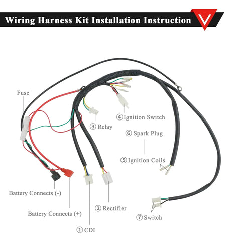 Full Wiring Harness Loom With Solenoid Coil Regulator For 50cc 70cc 90cc 110cc And 125cc Dirt Pit Bikes And Quad ATVs Electric Start Engine Kit With Clear Wiring Diagram Included For Easy Installation And Troubleshooting On Go Karts And Quads