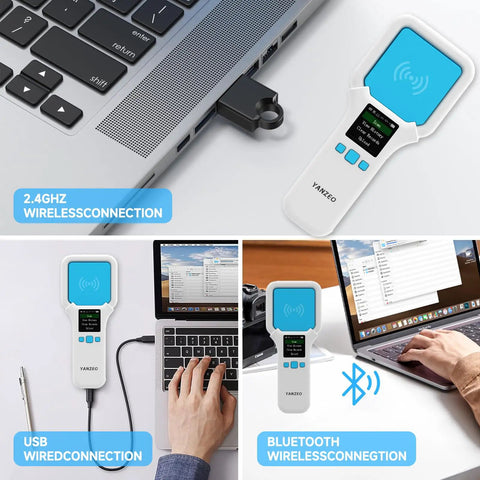 UHF RFID Reader SR300 Bluetooth Handheld Scanner For 860-960MHz Inventory Management shown with laptop connectivity.