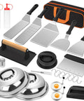 All In One Griddle Accessories Kit For Flat Top Grills 25 Piece Set with spatulas, dome covers, and patty maker displayed