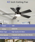 Ceiling Fans With Lights 42 Inch Low Profile Flush Mount With Remote Control Quiet Five Blade Reversible 3CCT Dimmable LED Lighting Sleek Black