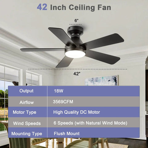 Ceiling Fans With Lights 42 Inch Low Profile Flush Mount With Remote Control Quiet Five Blade Reversible 3CCT Dimmable LED Lighting Sleek Black