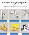 Six types of plumbing valves including 4-way angle, dual angle, washing machine tap, tee, ball, and straight valve options.