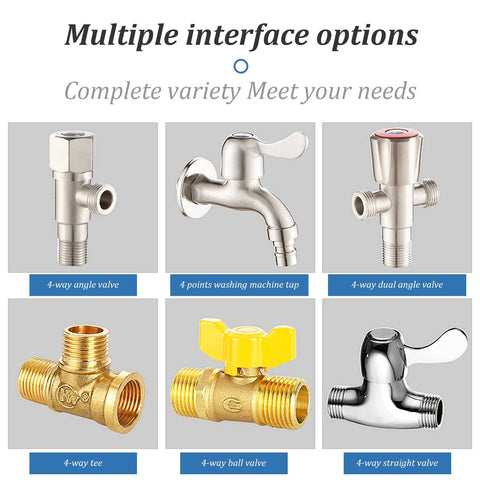 Six types of plumbing valves including 4-way angle, dual angle, washing machine tap, tee, ball, and straight valve options.
