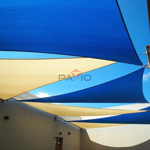 Blue Sun Shade Sail Right Triangle 8x8x11.3 Ft Built Tough UV Blocking Fabric installed over patio, blocking sunlight.