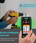 Kickass 5-In-1 Wall Scanner Featuring Advanced Sensor Tech And Bright Lcd Readouts for detecting live wires near a drill.