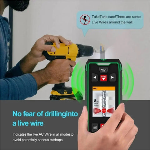 Kickass 5-In-1 Wall Scanner Featuring Advanced Sensor Tech And Bright Lcd Readouts for detecting live wires near a drill.