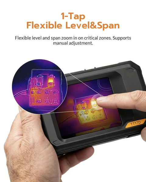 TT17D Wi-Fi Thermal Camera With 240x240 UIRA-IR And Visible Sensor AI Scene Inspection For Moisture Insulation Gaps And Floor Heating Faults Built-In Presets Ideal For Home Or Building Diagnostics. hand-held thermal camera showing flexible zoom