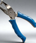 One Quarter Inch Hole Puncher Handheld Metal Paper Punch With Soft Silicone Grip Compact Handy Tool For Home And Office Crafts Tags And Cards Gift Wrapping And Paper Projects Durable Blue, side view showing metal body and blue silicone grip
