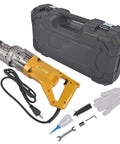 Heavy Duty 900W Electric Hydraulic Rebar Cutter with yellow handle, case, gloves, and accessories for construction use.