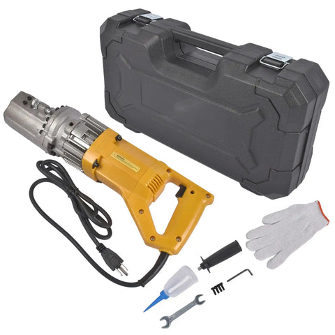 Heavy Duty 900W Electric Hydraulic Rebar Cutter with yellow handle, case, gloves, and accessories for construction use.
