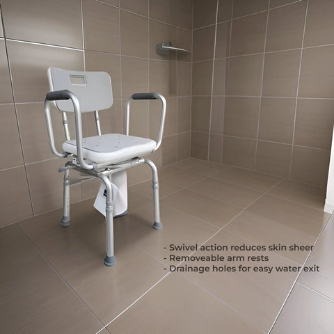 360 Degree Swivel Shower Chair With Back Support, Adjustable Height 20 To 25 Inches in a tiled bathroom, highlighting arm rests.