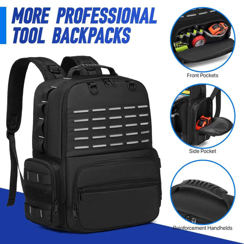 Heavy Duty Tool Backpack With Large Interior And Three Pouches For Electricians HVAC Techs Construction Pros And Handymen Pro Grade Tool Organizer Bag Worksite Ready with front, side, and handheld views