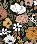 Black Vintage Floral Peel And Stick Wallpaper With Daisy Flowers And Olive Green Leaves For Powder Rooms And Moody Accent Walls