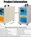 Rock Solid High Frequency Induction Heating Machine 15KW Metal Furnace shown with dimensions for welding and brazing.
