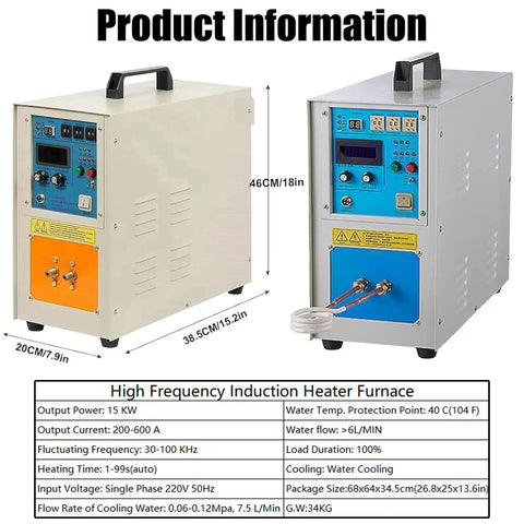 Rock Solid High Frequency Induction Heating Machine 15KW Metal Furnace shown with dimensions for welding and brazing.