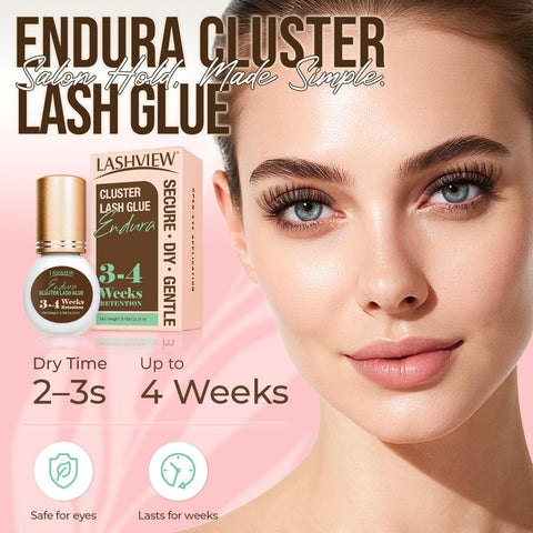 Beast Mode Strong Hold Lash Cluster Glue For Up To 4 Weeks, Waterproof Adhesive Bottle with Model Showing Lashes