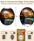 Laid Back Tropical Paradise Round Resin Toilet Seat Cover With Smooth Slow Close Action And Snappy Quick Release Hinges For Effortless Cleanup And A Tight Seal On Standard American Bathrooms with measurement guidance.